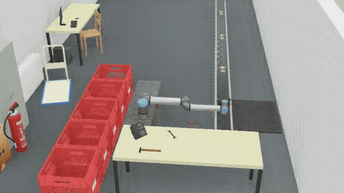 Webots simulation of the sorting cell: a UR10e arm reaches over the conveyor beside a row of red destination crates